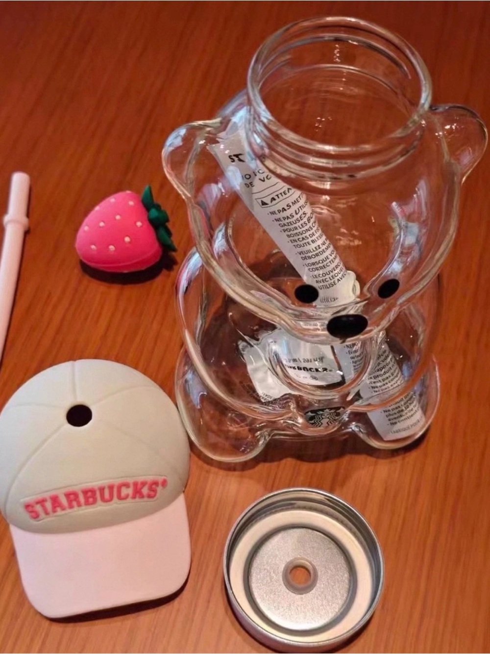 Starbucks Clear Bear Glass Bottle with Pink Cap and Strawberry Stopper